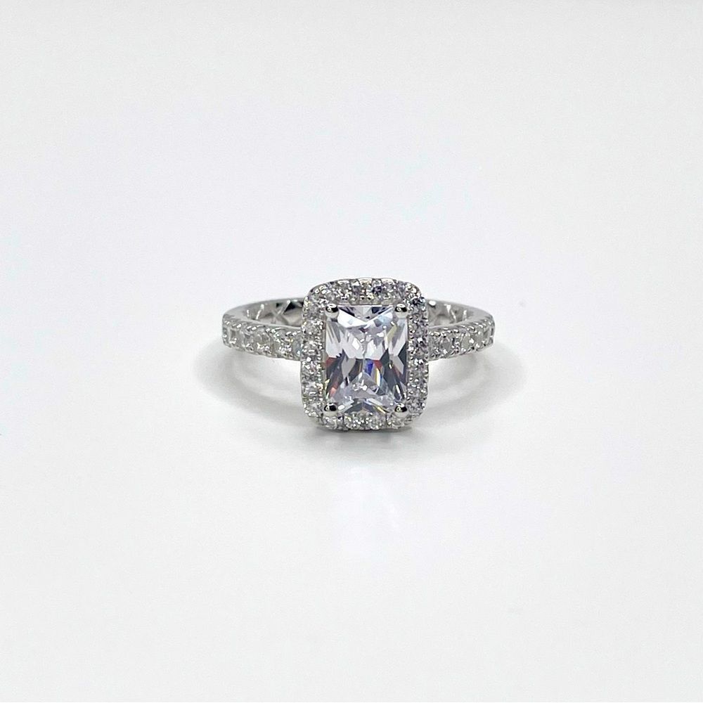 NEW STERLING SILVER | Emerald Cut Halo Engagement Ring